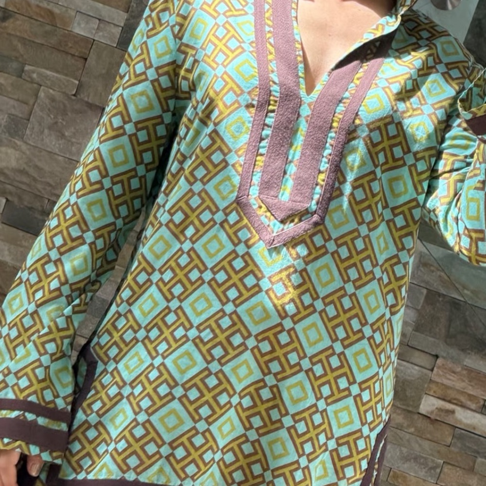Tory Burch tunic size 10 flare sleeve Tori by tre blue and brown 100% cotton 70s